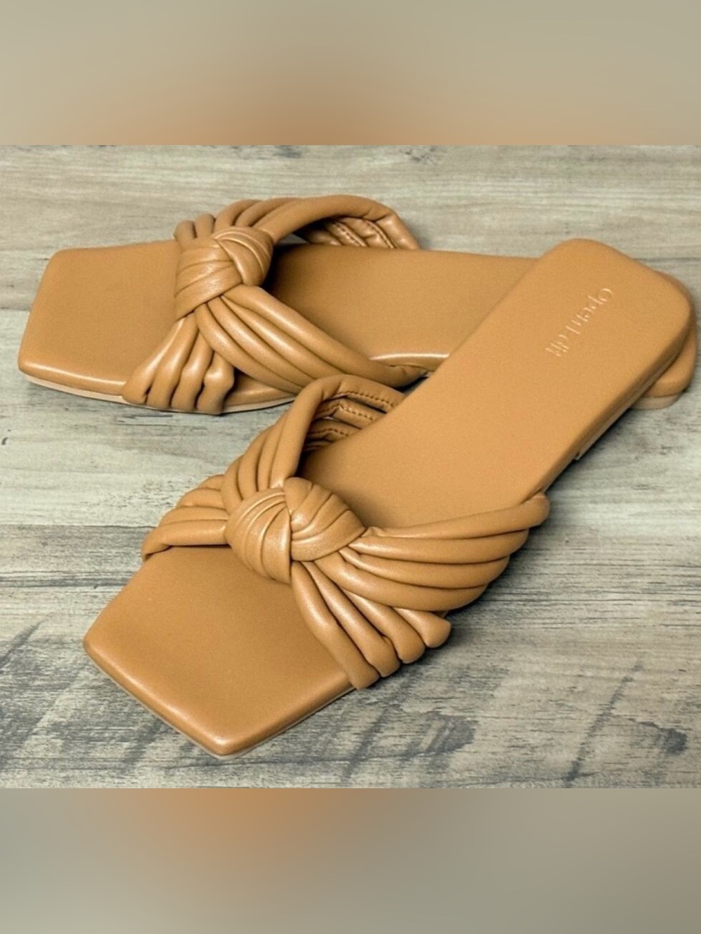 Open Edit Knot-Detail Tan Slide Sandals, Size 9.5